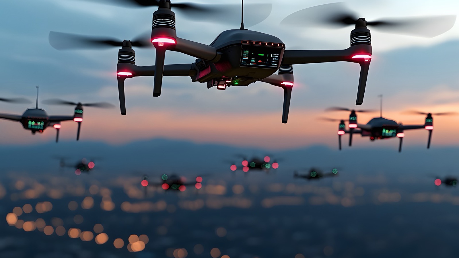 Rotary aircraft in numbers over a populated area